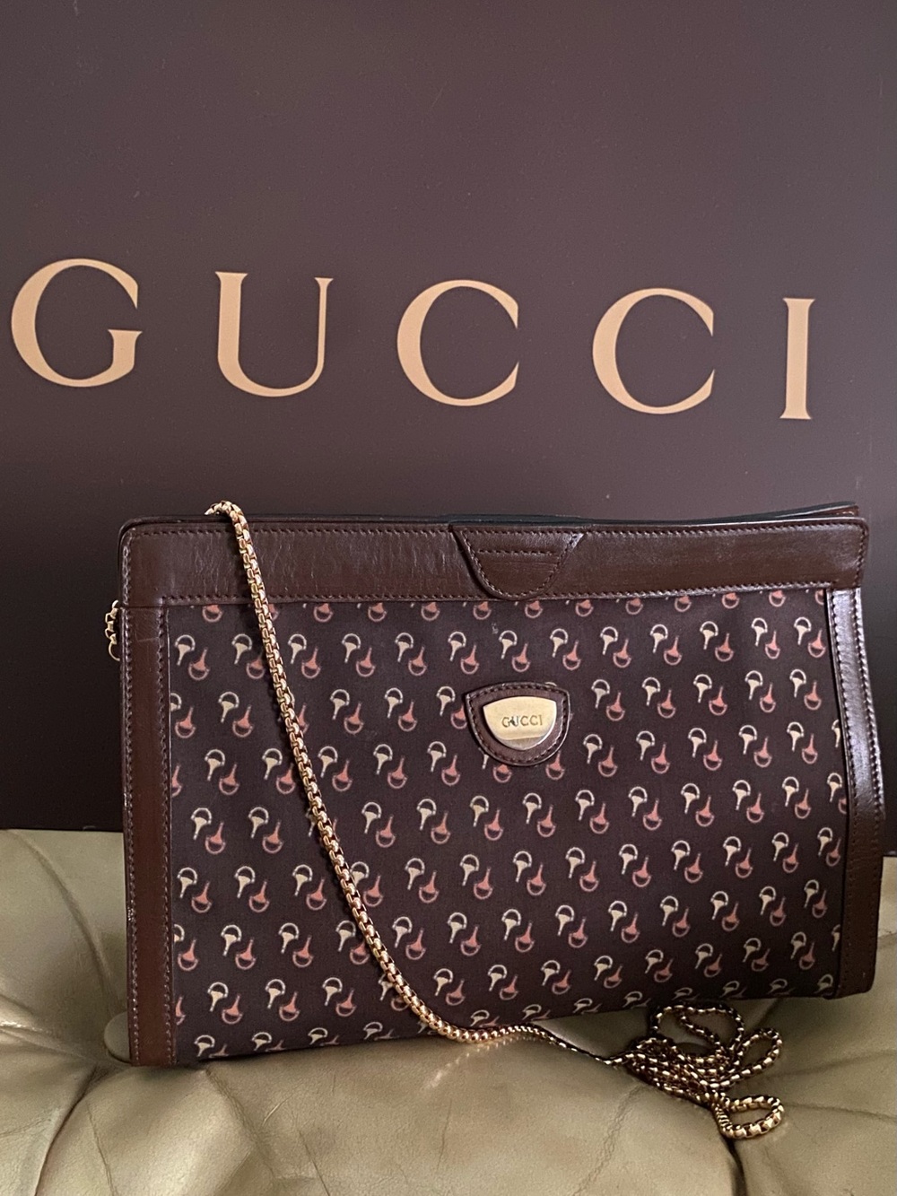 Gucci Horse Bit Clutch Bag Satin Modified Crossbody Chain Added Vintage